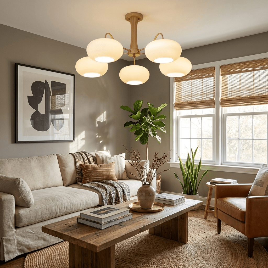 Persimmon glass chandelier with brass arms by Moktan Sabai in a wood-accent living room on Tampa Home & Garden Store