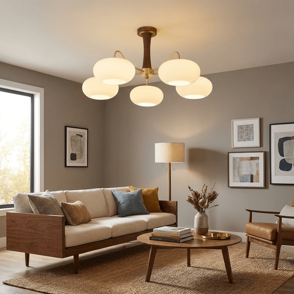 Persimmon glass chandelier with brass arms and wood accent pendant light by Moktan Sabai on Tampa Home & Garden Store