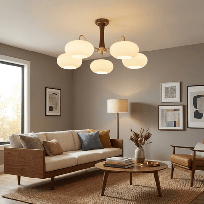 Persimmon glass chandelier with brass arms and wood accent pendant light by Moktan Sabai on Tampa Home & Garden Store