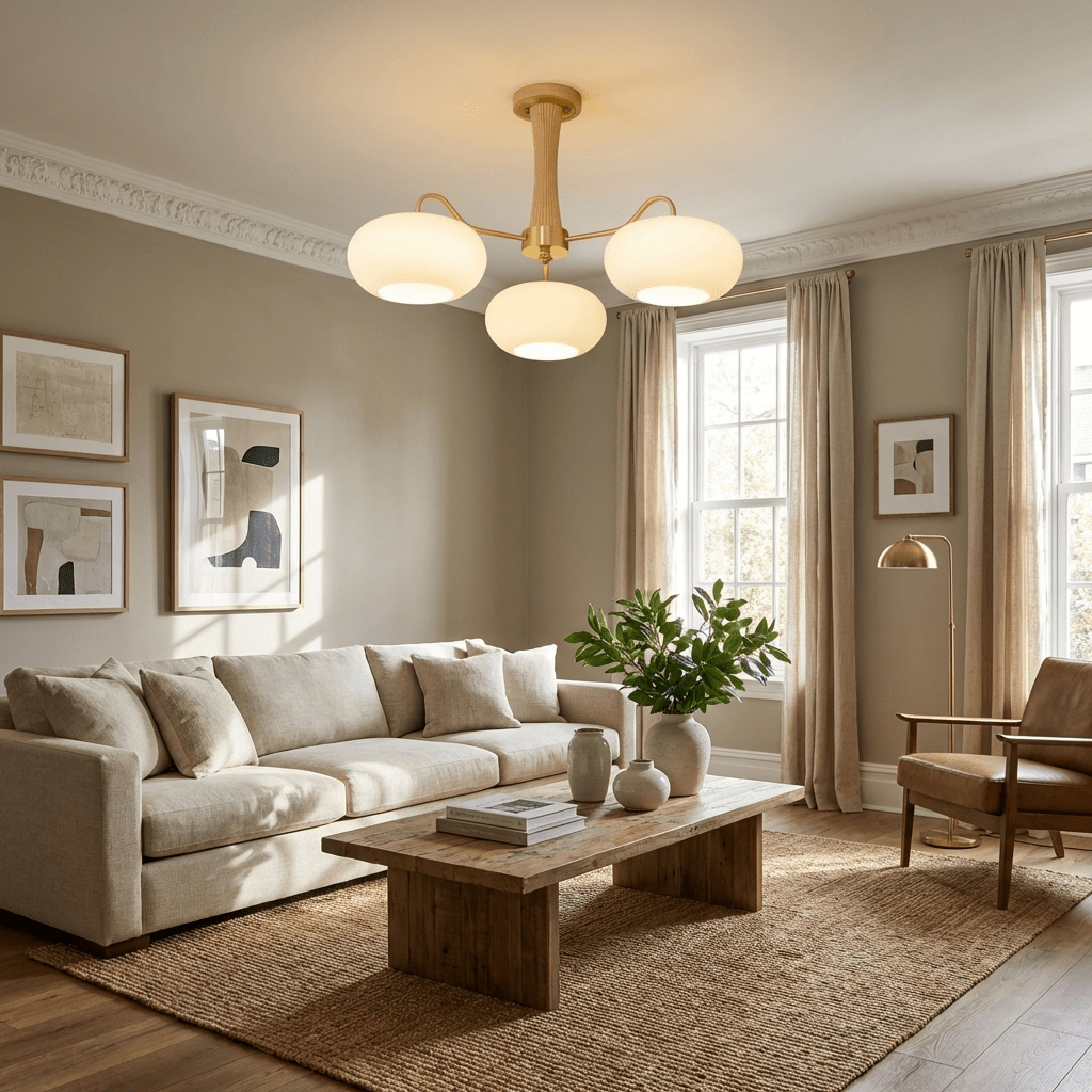 Persimmon Glass Chandelier and Brass Wood Shade