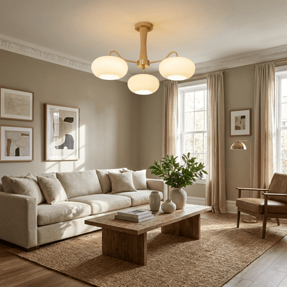 Persimmon Glass Chandelier and Brass Wood Shade