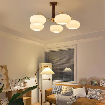 Persimmon glass chandelier with brass arms and wood accent pendant light by Moktan Sabai on Tampa Home & Garden Store