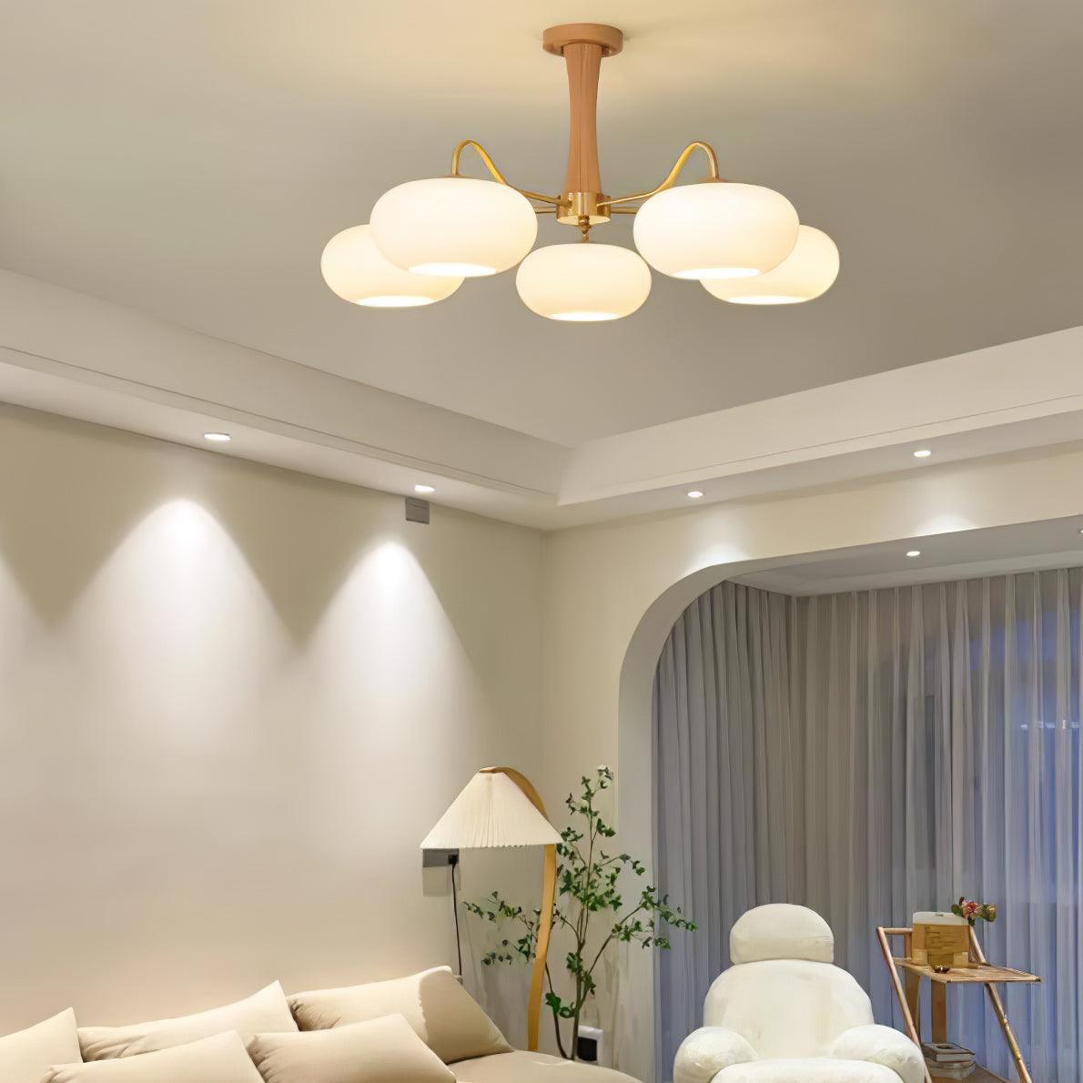 Persimmon Glass Chandelier with Brass Arms, wood-accent canopy, five-globe ceiling light on Tampa Home & Garden Store