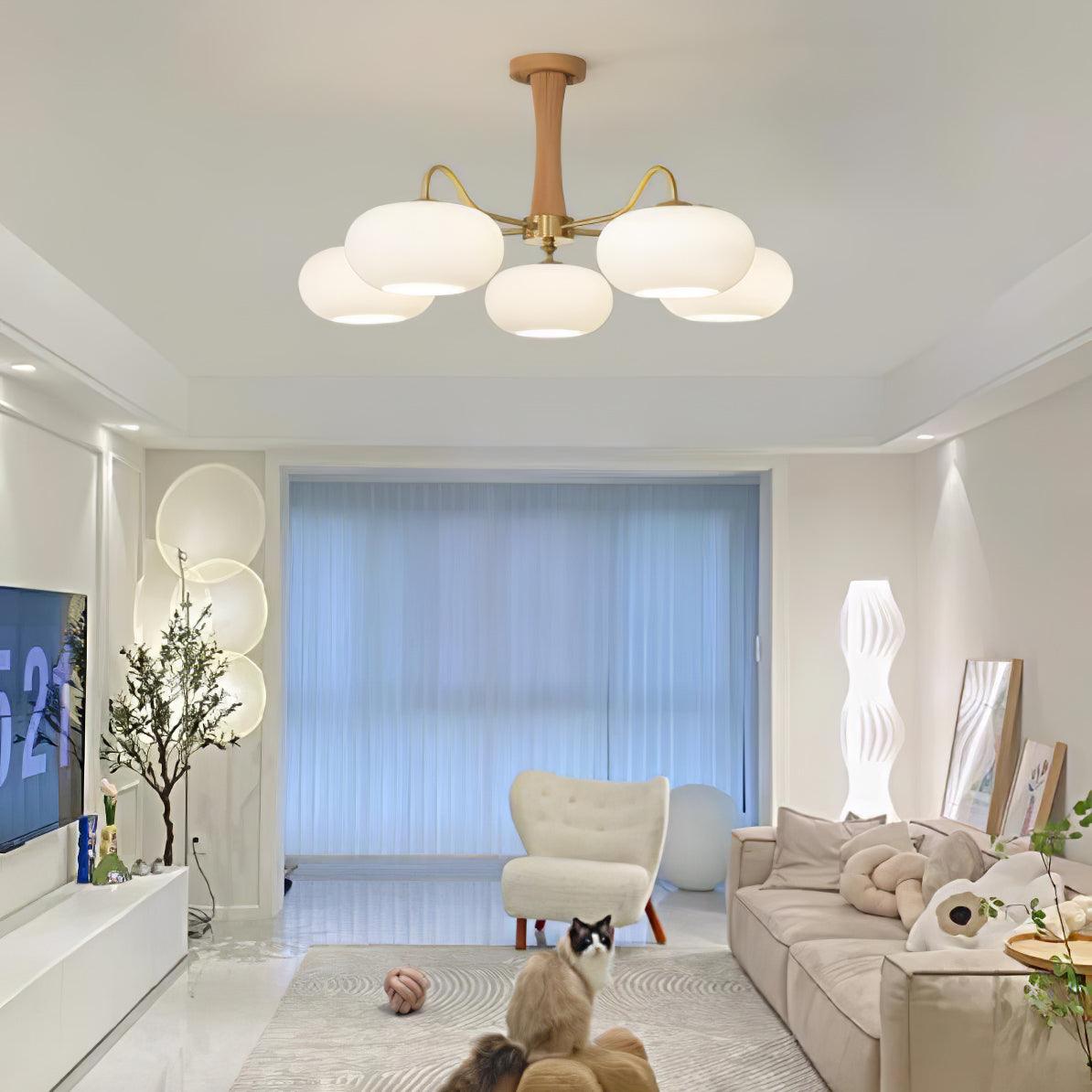 Persimmon glass chandelier with brass arms and wood accent by Moktan Sabai, five globe lights on Tampa Home & Garden Store