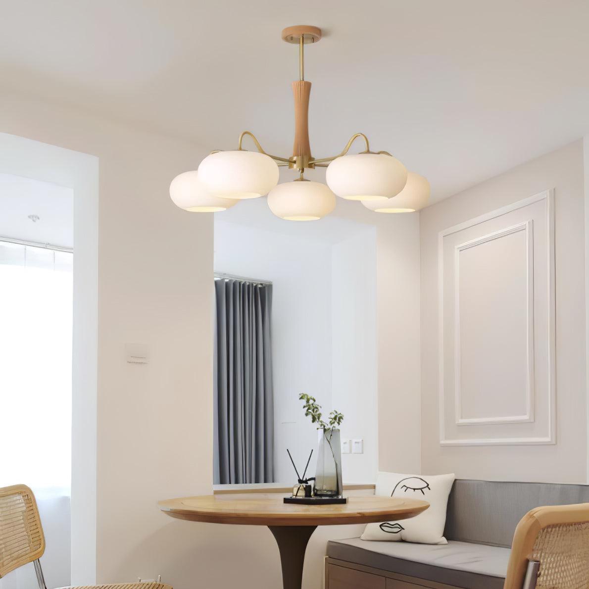 Chandelier Moktan Sabai Persimmon Glass with Brass Arms and Wood Accent, five globe lights on Tampa Home & Garden Store