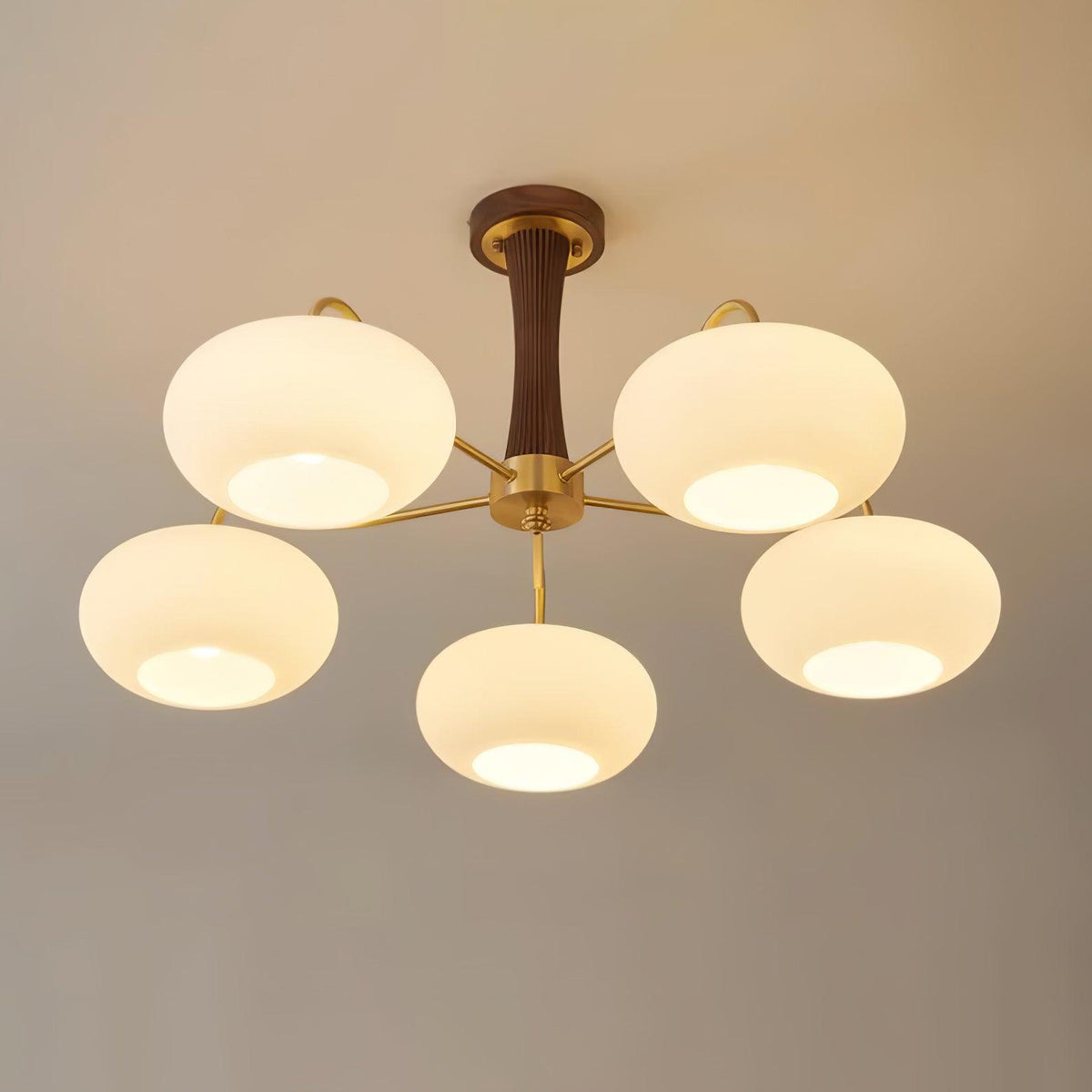 Persimmon glass chandelier with brass arms and wood accent central column on Tampa Home & Garden Store