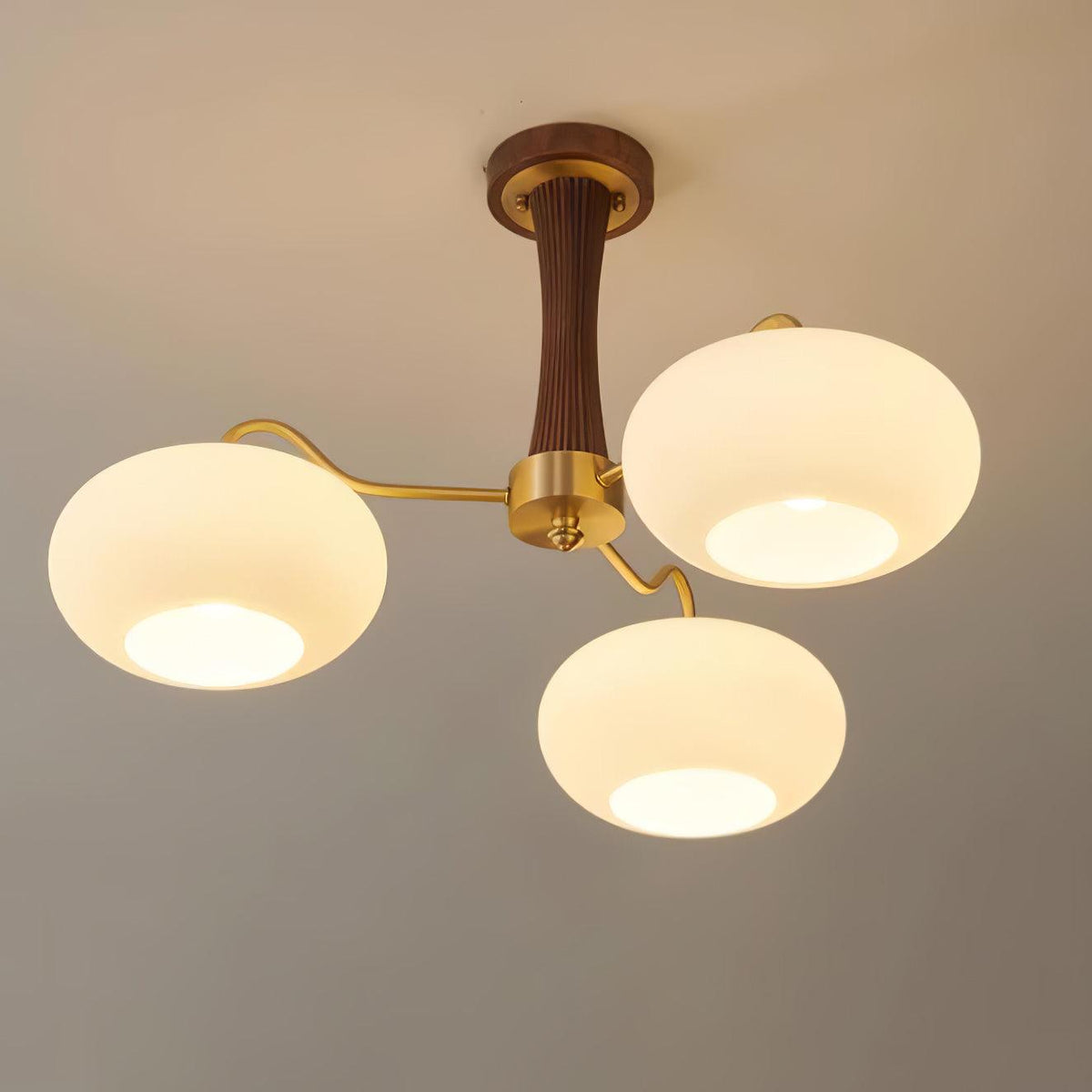 Persimmon glass chandelier with brass arms and wood-accent column, three frosted glass globes on Tampa Home & Garden Store
