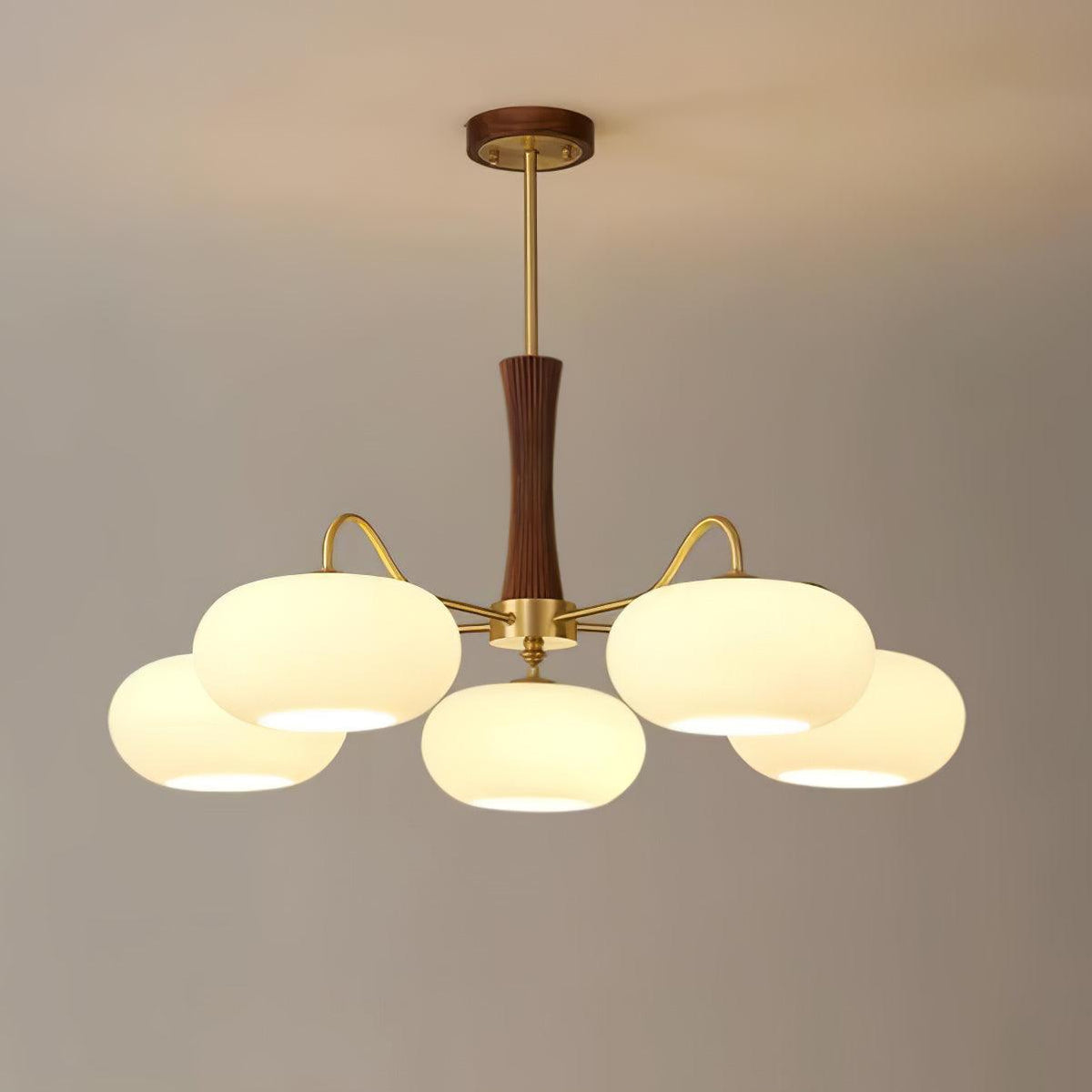 Persimmon glass chandelier with brass arms and wood accents, five frosted globes on Tampa Home & Garden Store