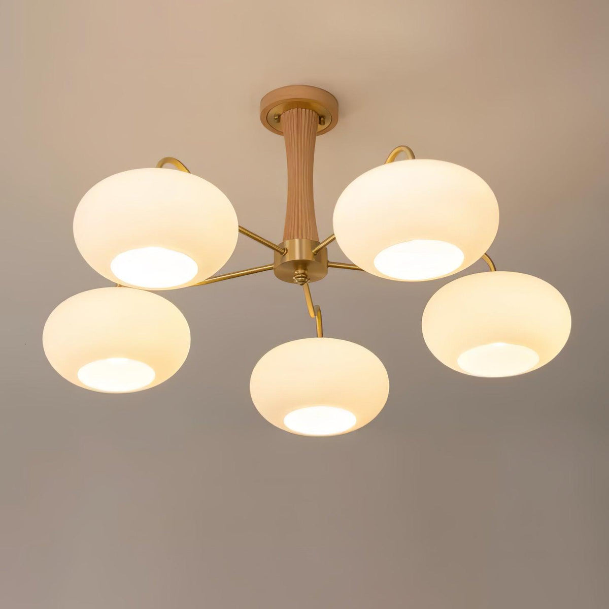 Moktan Sabai Persimmon Glass Chandelier with brass arms and wood accent multi-globe ceiling light on Tampa Home & Garden Store