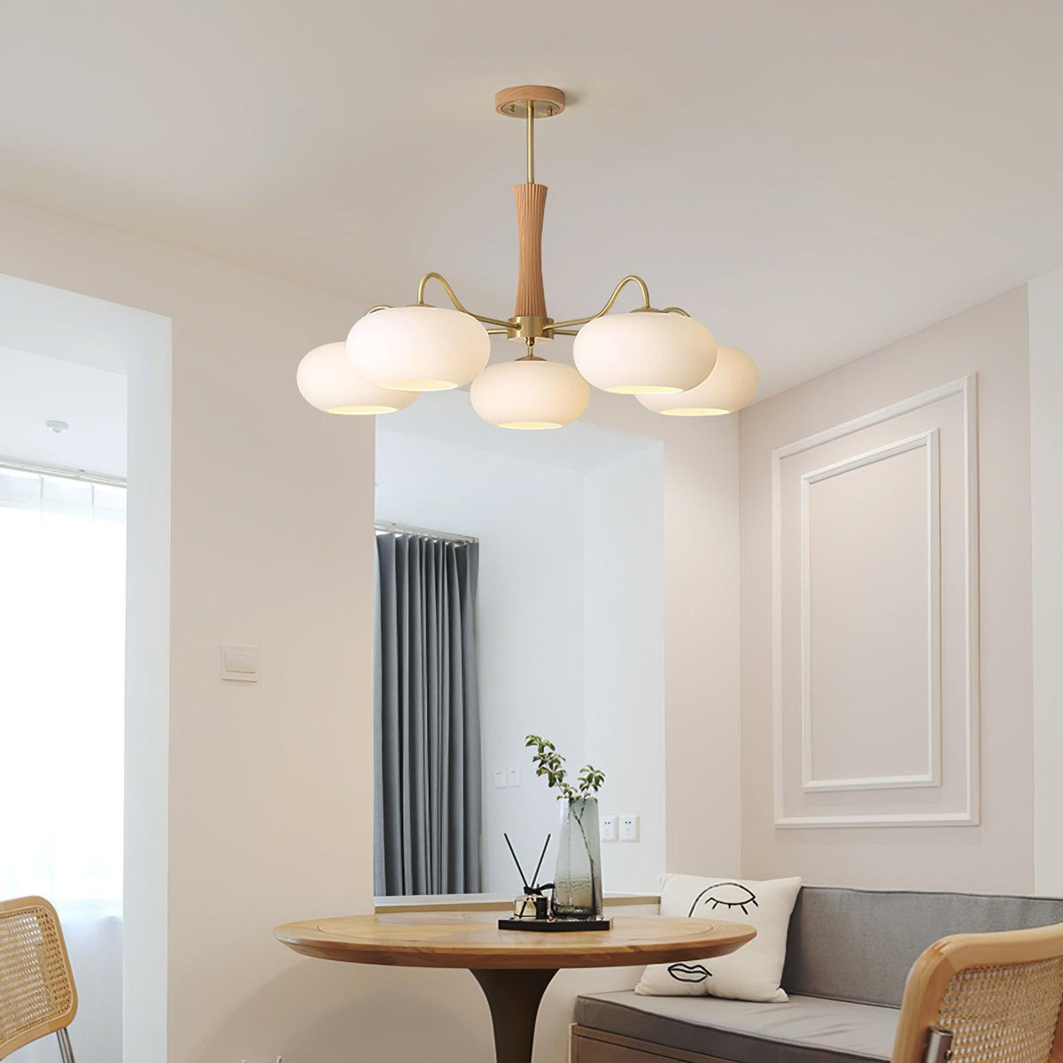 Moktan Sabai Persimmon Glass Chandelier with Brass Arms and Wood Accent, six white glass globes on Tampa Home & Garden Store