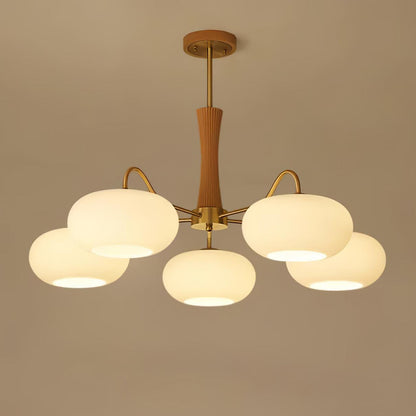 Six-globe Persimmon glass chandelier with brass arms and wood accent by Moktan Sabai on Tampa Home & Garden Store