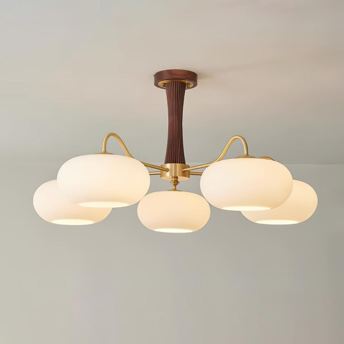 Chandelier Moktan Sabai Persimmon Glass with brass arms and wood center, 5-light pendant on Tampa Home & Garden Store