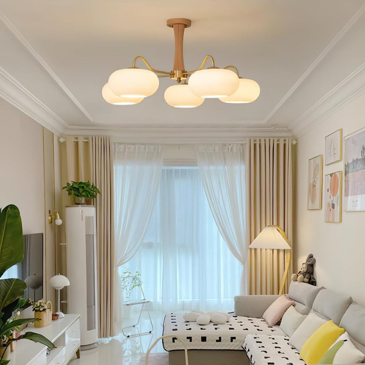 Persimmon Glass Chandelier by Moktan Sabai with brass arms and wood canopy five frosted globes on Tampa Home & Garden Store