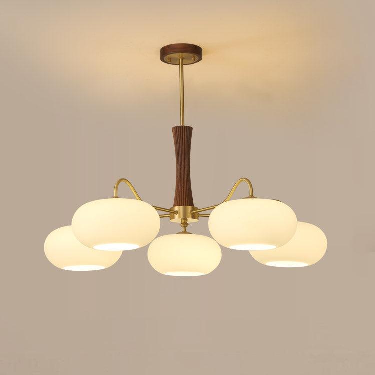 Chandelier Moktan Sabai persimmon glass with brass arms, wood center, five globes on Tampa Home & Garden Store