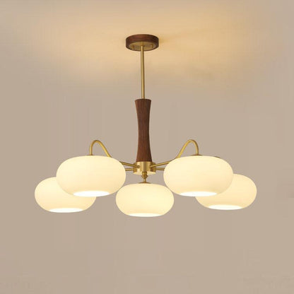 Chandelier Moktan Sabai persimmon glass with brass arms, wood center, five globes on Tampa Home & Garden Store
