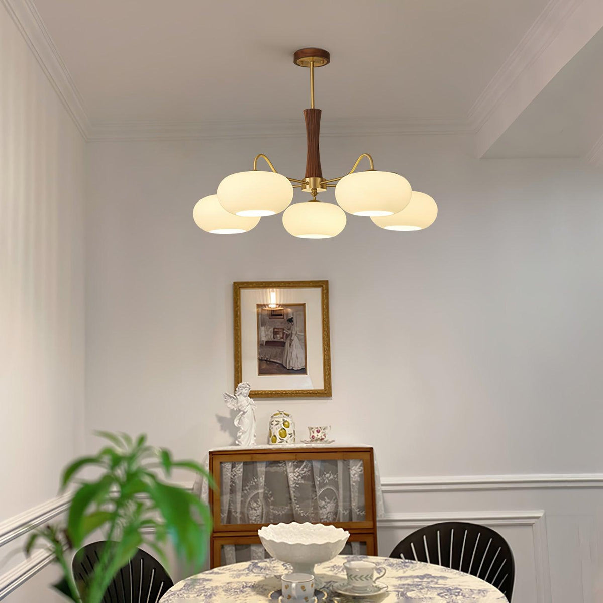Chandelier Moktan Sabai Persimmon Glass with brass arms and wood accent six globes on Tampa Home & Garden Store