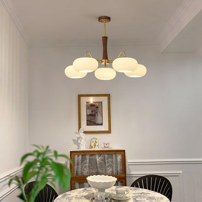 Chandelier Moktan Sabai Persimmon Glass with brass arms and wood accent six globes on Tampa Home & Garden Store
