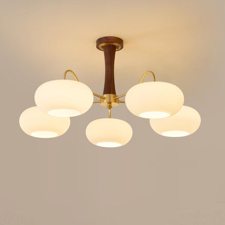 Persimmon Chandelier with Brass Arms by Moktan Sabai, five globes wood-accent pendant on Tampa Home & Garden Store