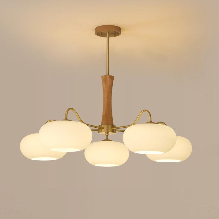 Persimmon Glass Chandelier with Brass Arms by Moktan Sabai five frosted globes wood accent stem on Tampa Home & Garden Store