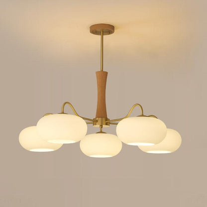 Persimmon Glass Chandelier with Brass Arms by Moktan Sabai five frosted globes wood accent stem on Tampa Home & Garden Store