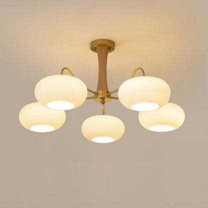 Persimmon Glass Chandelier with Brass Arms five-globe ceiling pendant Moktan Sabai wood accent on Tampa Home & Garden Store