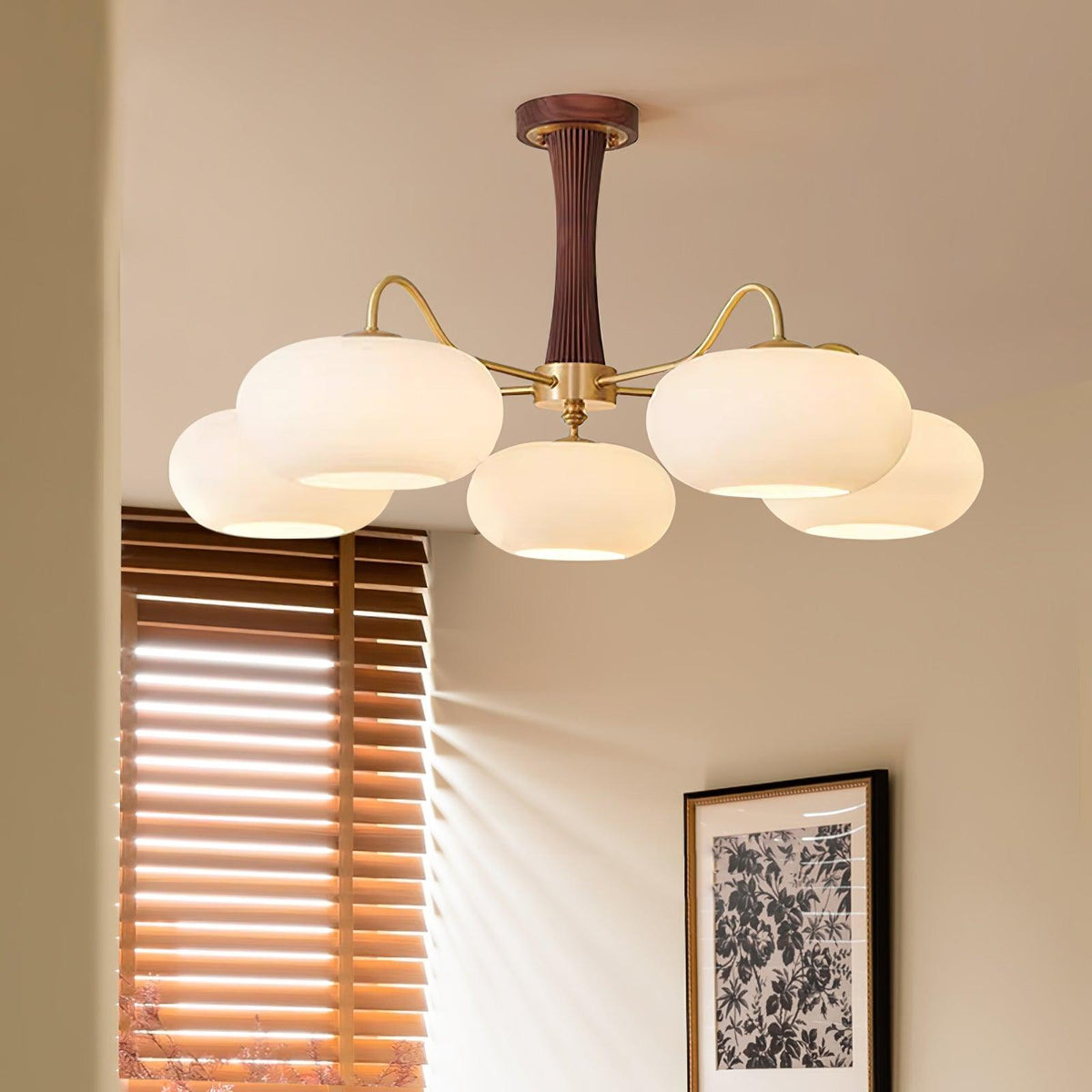 Persimmon Glass Chandelier with brass arms and wood accent ceiling pendant light on Tampa Home & Garden Store