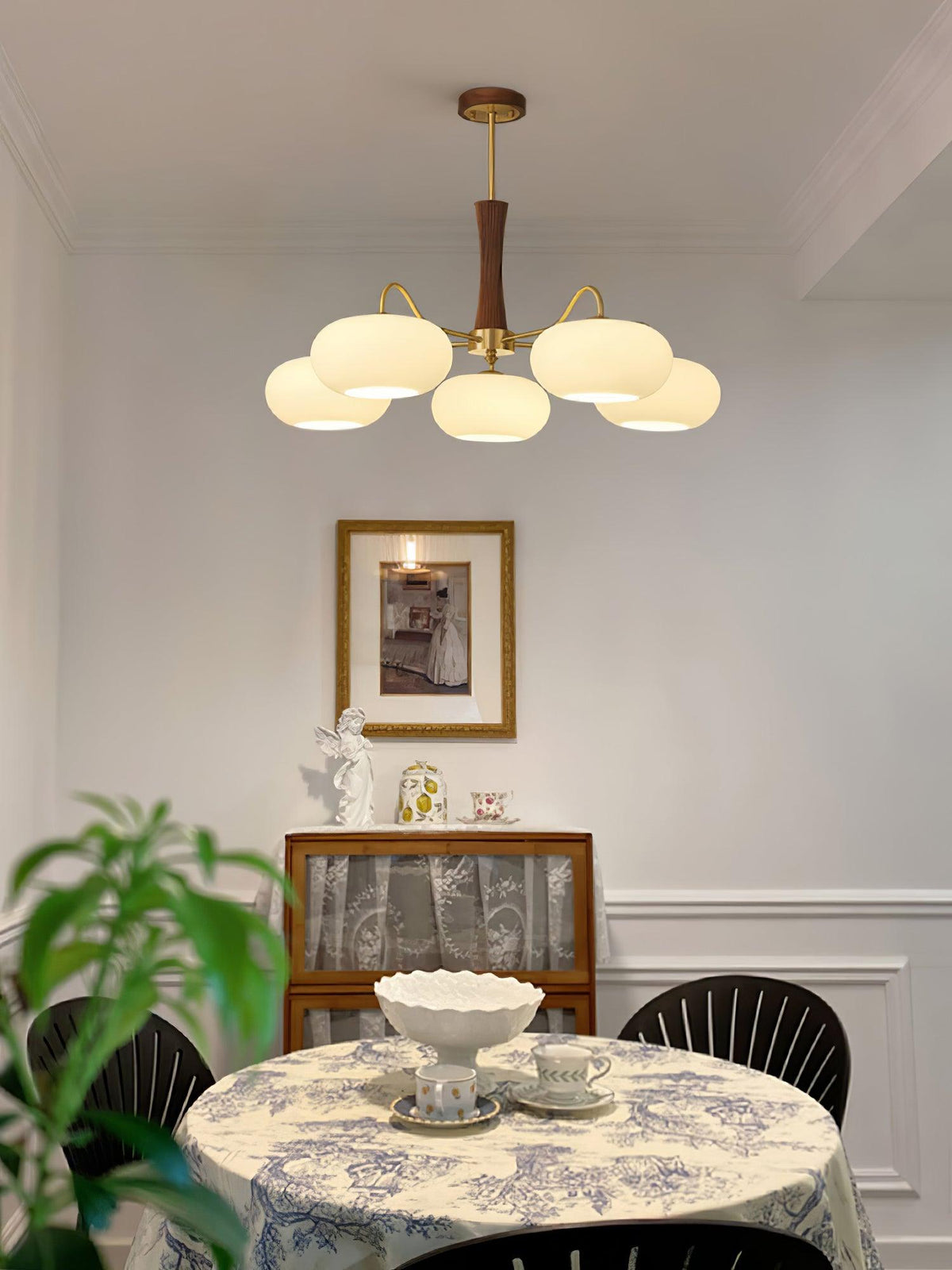 Chandelier Moktan Sabai Persimmon Glass with brass arms and wood accent, frosted globes on Tampa Home & Garden Store