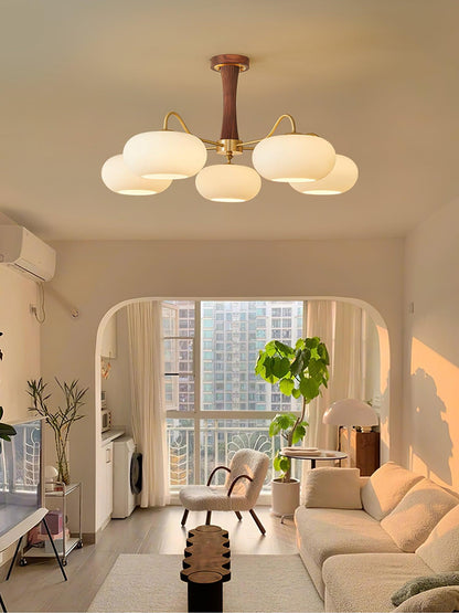 Persimmon glass chandelier by Moktan Sabai with brass arms and wood ceiling mount, six frosted globe lights on Tampa Home & Garden Store