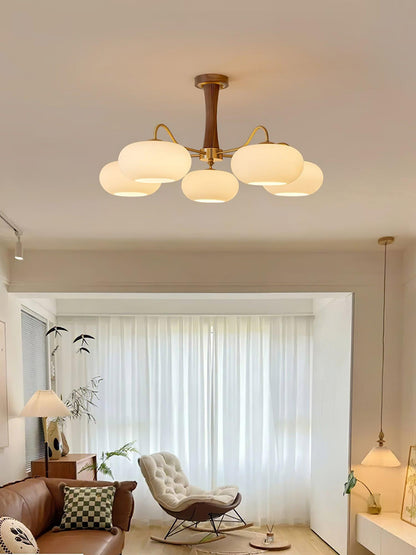 Chandelier Moktan Sabai Persimmon Glass with Brass Arms wood stem, six frosted glass globes on Tampa Home & Garden Store