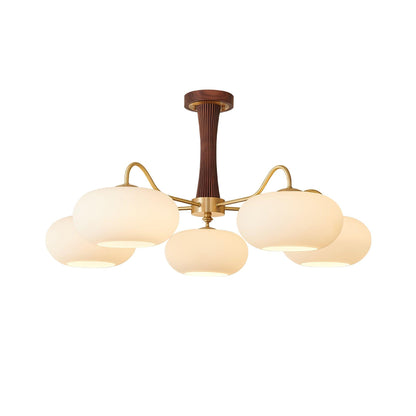 Chandelier Persimmon Glass with Brass Arms, wood-accent stem and frosted glass globes on Tampa Home & Garden Store