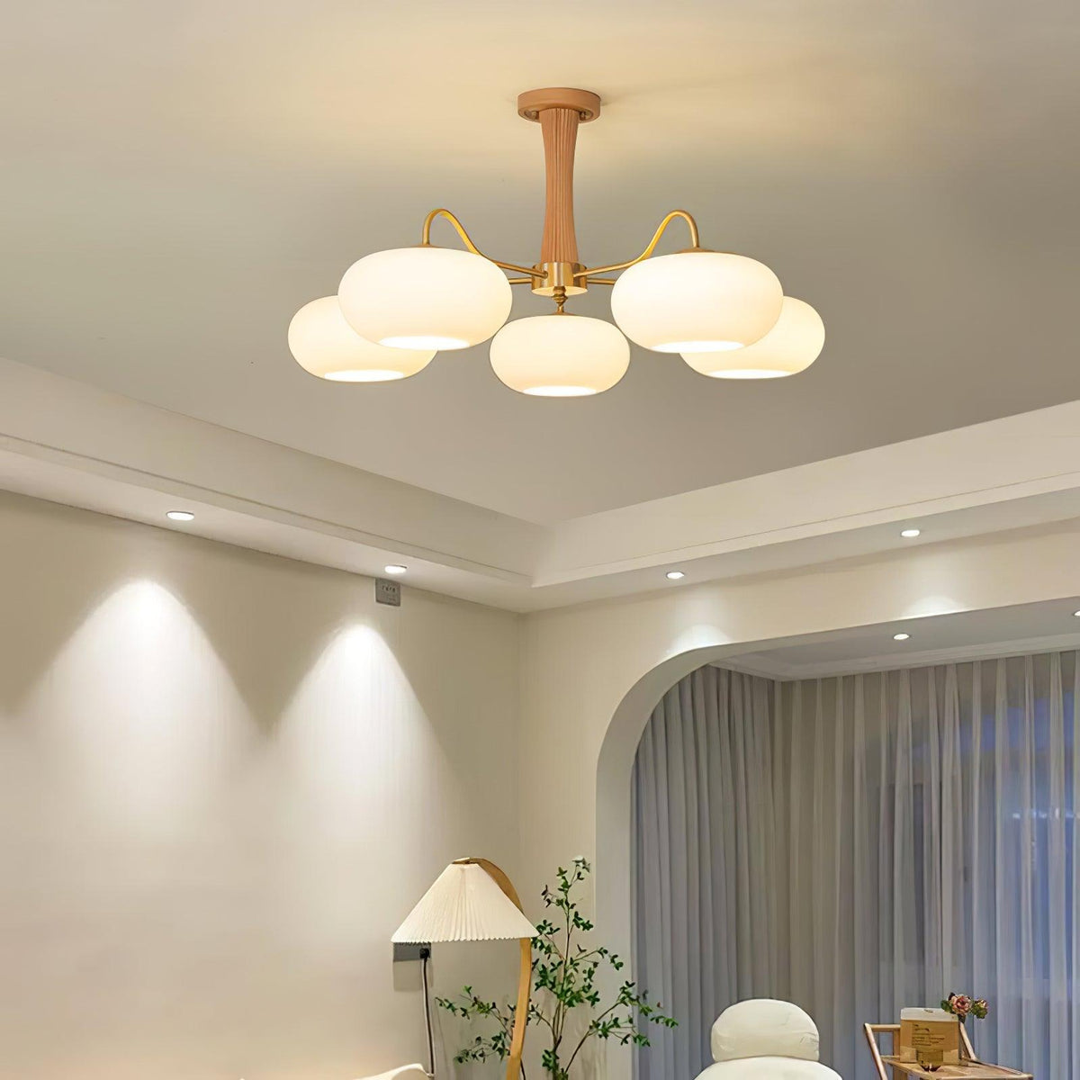Persimmon Glass Chandelier with Brass Arms by Moktan Sabai, wood mount, five globe lights on Tampa Home & Garden Store
