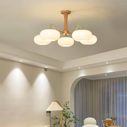 Persimmon Glass Chandelier with Brass Arms by Moktan Sabai, wood mount, five globe lights on Tampa Home & Garden Store