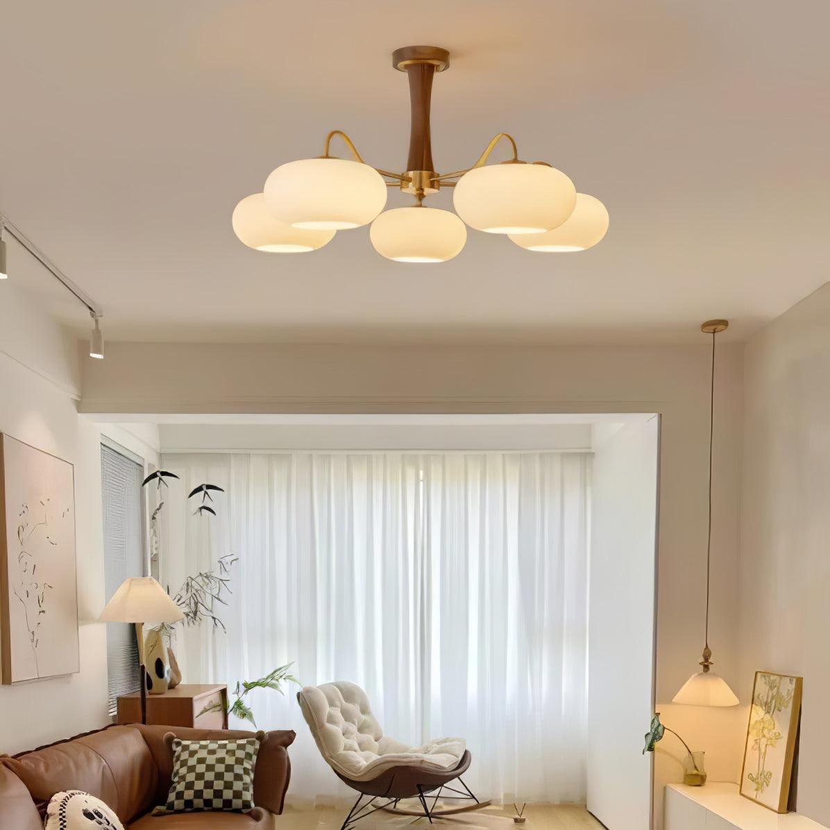 Persimmon glass chandelier with brass arms and wood accent ceiling mount by Moktan Sabai on Tampa Home & Garden Store