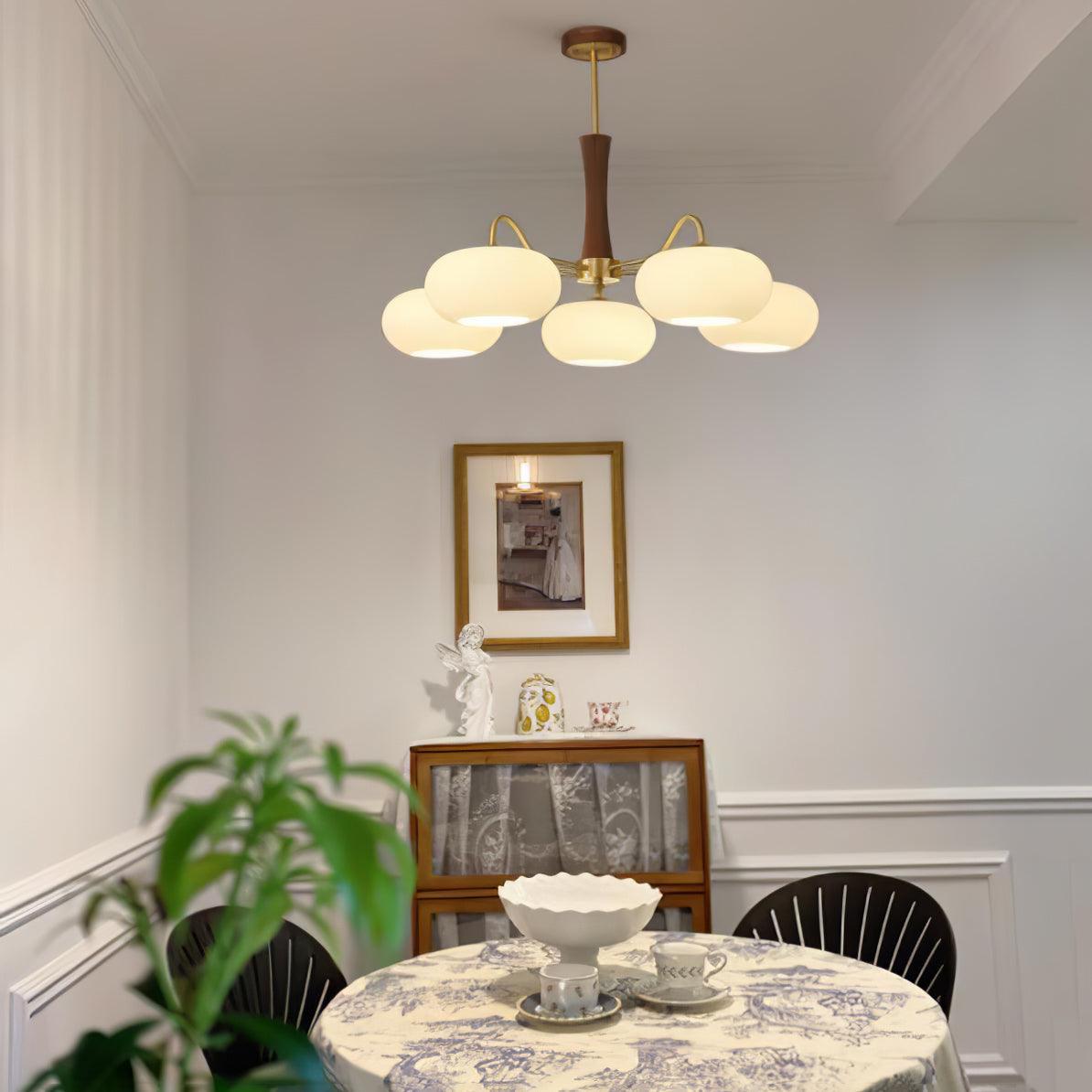 Chandelier Moktan Sabai Persimmon glass five-globe pendant with brass arms and wood accents on Tampa Home & Garden Store