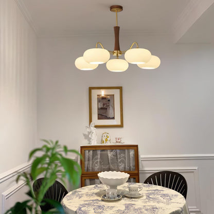 Chandelier Moktan Sabai Persimmon glass five-globe pendant with brass arms and wood accents on Tampa Home & Garden Store