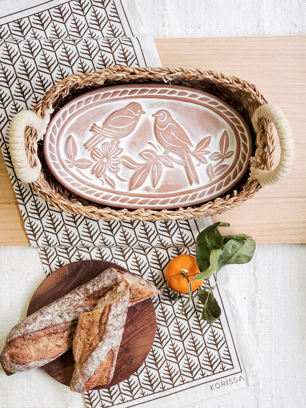 Bread Warmer & Basket Gift Set with Tea Towel - Lovebird Oval - Tampa Home & Garden Store