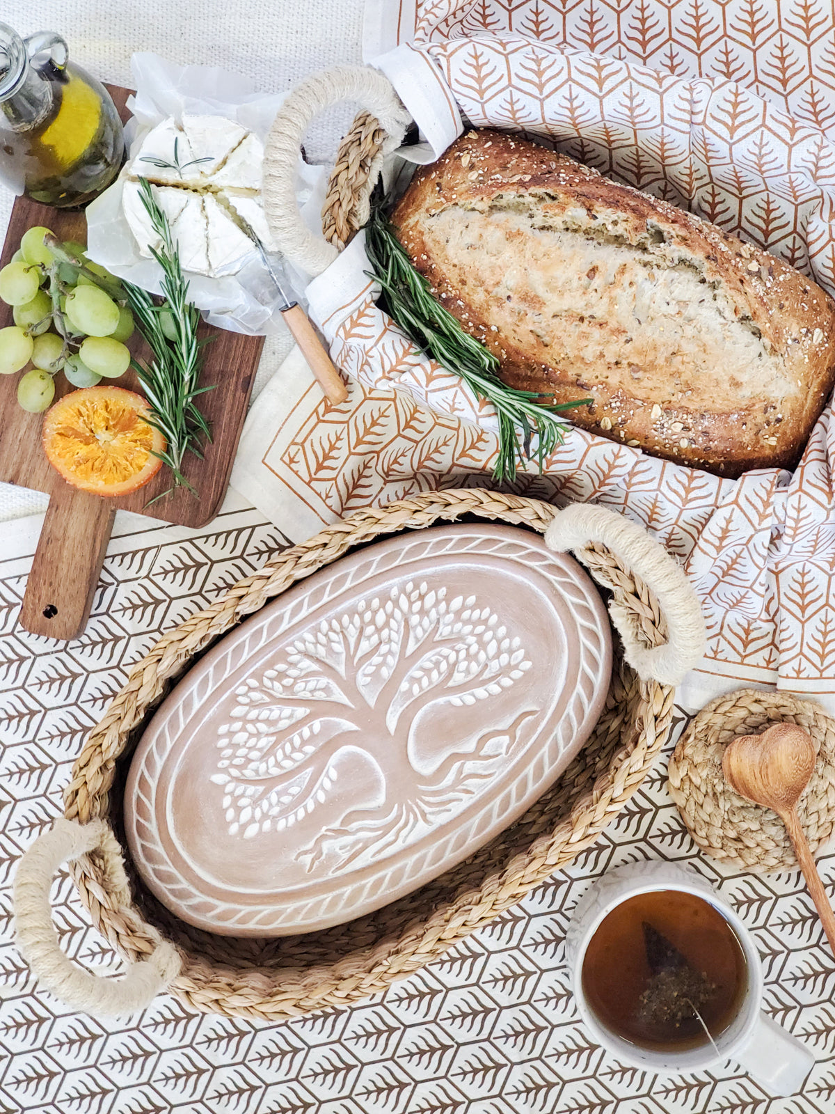 Bread Warmer & Basket Gift Set with Tea Towel - Tree of Life Oval - Tampa Home & Garden Store