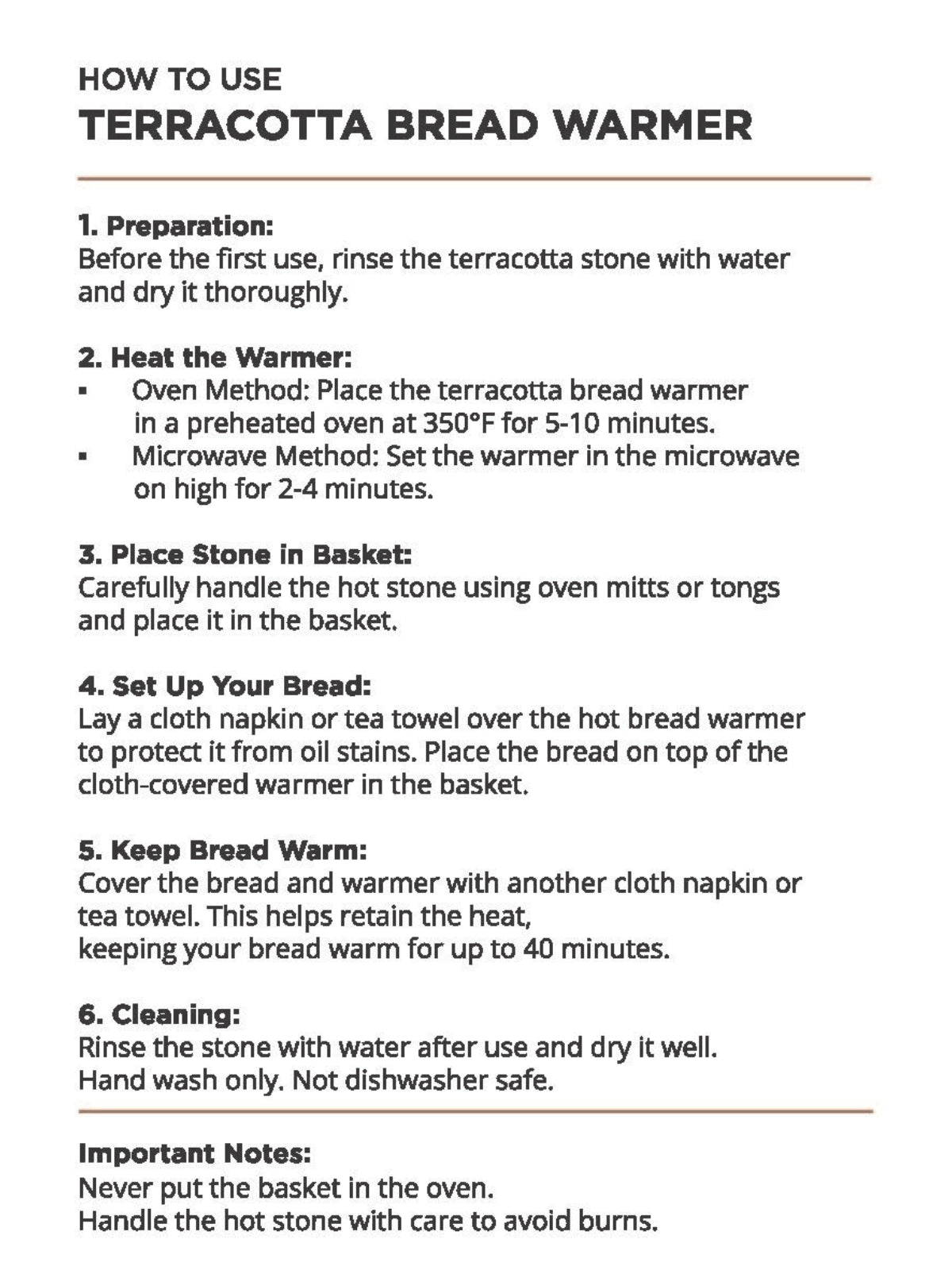 Bread Warmer instruction sheet Terracotta Owl Oval gift set by KORISSA on Tampa Home & Garden Store