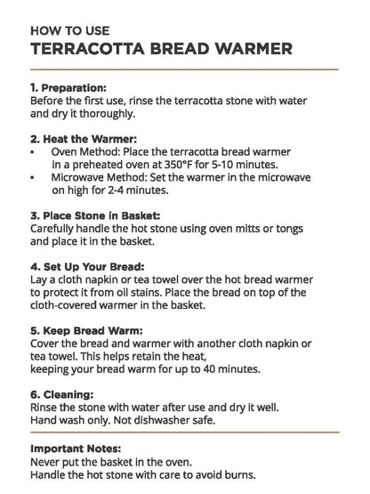 Bread Warmer instruction sheet Terracotta Owl Oval gift set by KORISSA on Tampa Home & Garden Store