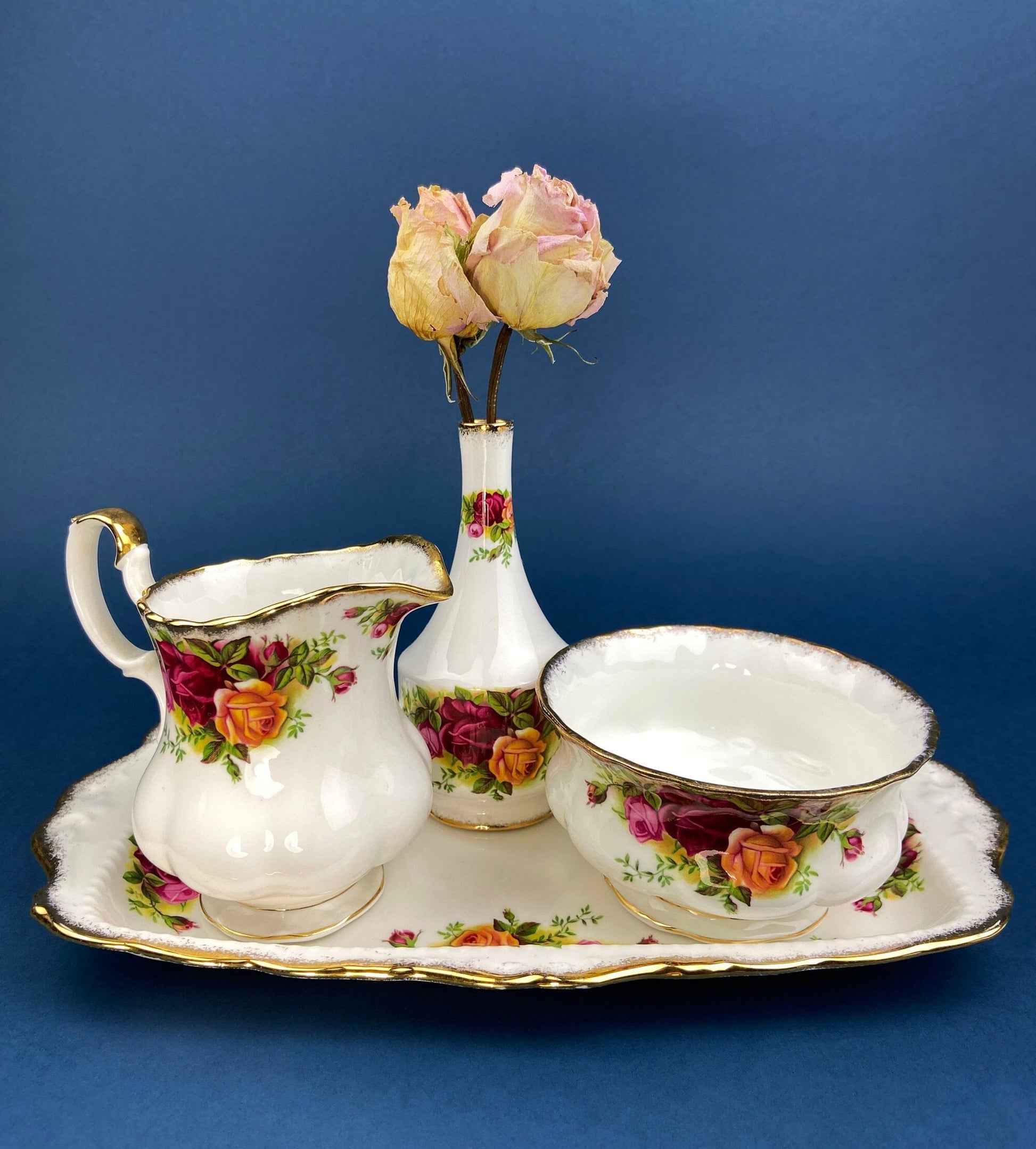 Breakfast Tray, Creamer, Sugar Bowl, and Vase by Royal Albert. Old Country Roses Motif.  Made in England. Gift for Her. Gift for Mother. - Tampa Home & Garden Store