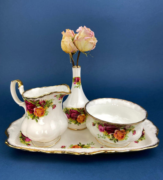 Breakfast Tray, Creamer, Sugar Bowl, and Vase by Royal Albert. Old Country Roses Motif.  Made in England. Gift for Her. Gift for Mother. - Tampa Home & Garden Store