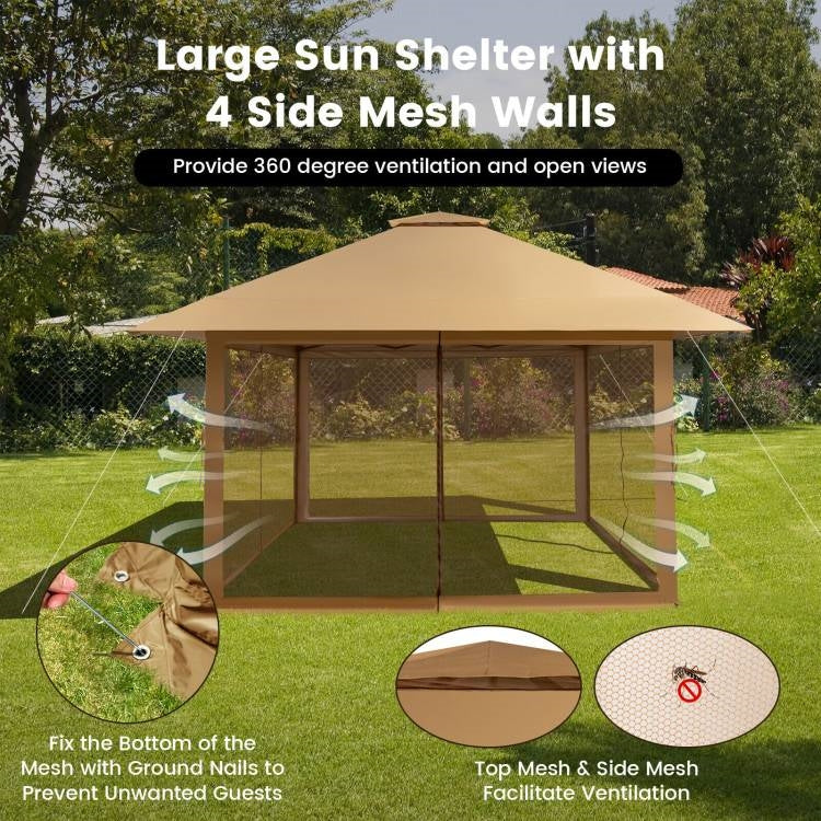 Brown 13 x 13 Ft Pop-Up Gazebo Outdoor Canopy w/ Mesh Mosquito Netting Sidewalls - Tampa Home & Garden Store