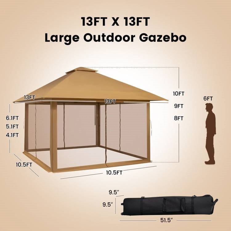Brown 13 x 13 Ft Pop-Up Gazebo Outdoor Canopy w/ Mesh Mosquito Netting Sidewalls - Tampa Home & Garden Store