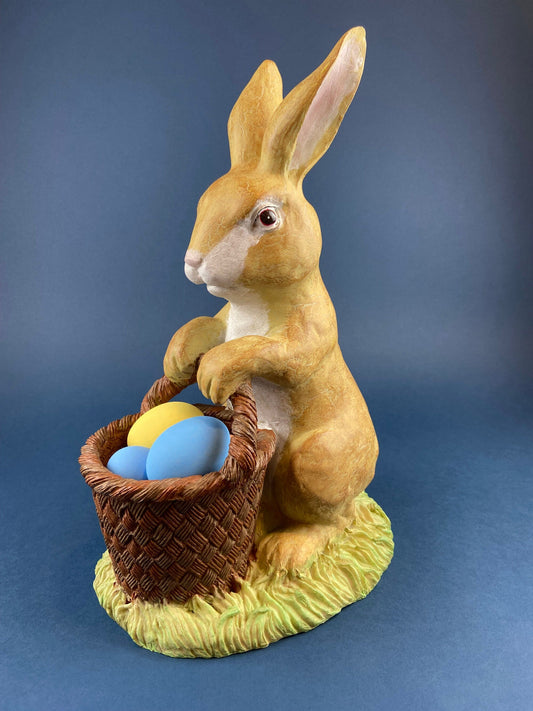 Brown Bunny Figurine with Basket Full of Multicolored Eggs. Large, Hand-Painted, Vintage Rabbit with 9 eggs. Easter Spring Display. - Tampa Home & Garden Store