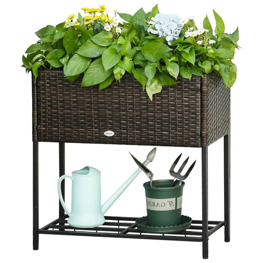 Brown Modern PE Rattan Wicker Raised Garden Bed Elevated Planter Box - Tampa Home & Garden Store