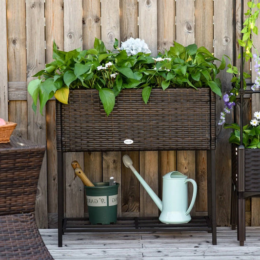 Brown Modern PE Rattan Wicker Raised Garden Bed Elevated Planter Box - Tampa Home & Garden Store