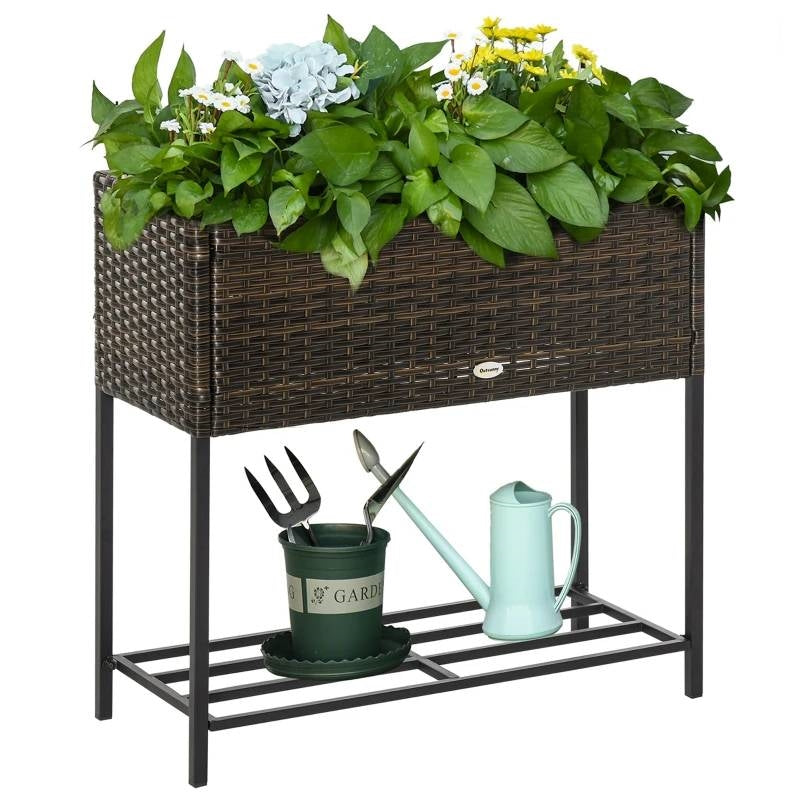 Brown Modern PE Rattan Wicker Raised Garden Bed Elevated Planter Box - Tampa Home & Garden Store
