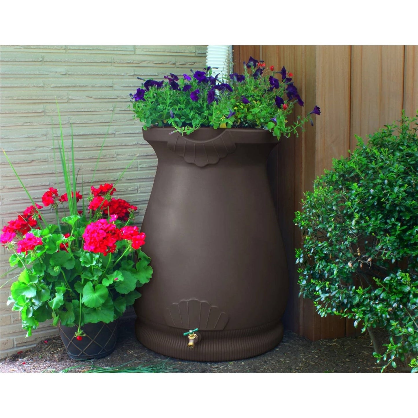 Brown Oak 65 Gallon Plastic Urn Rain Barrel with Planter Top - Tampa Home & Garden Store