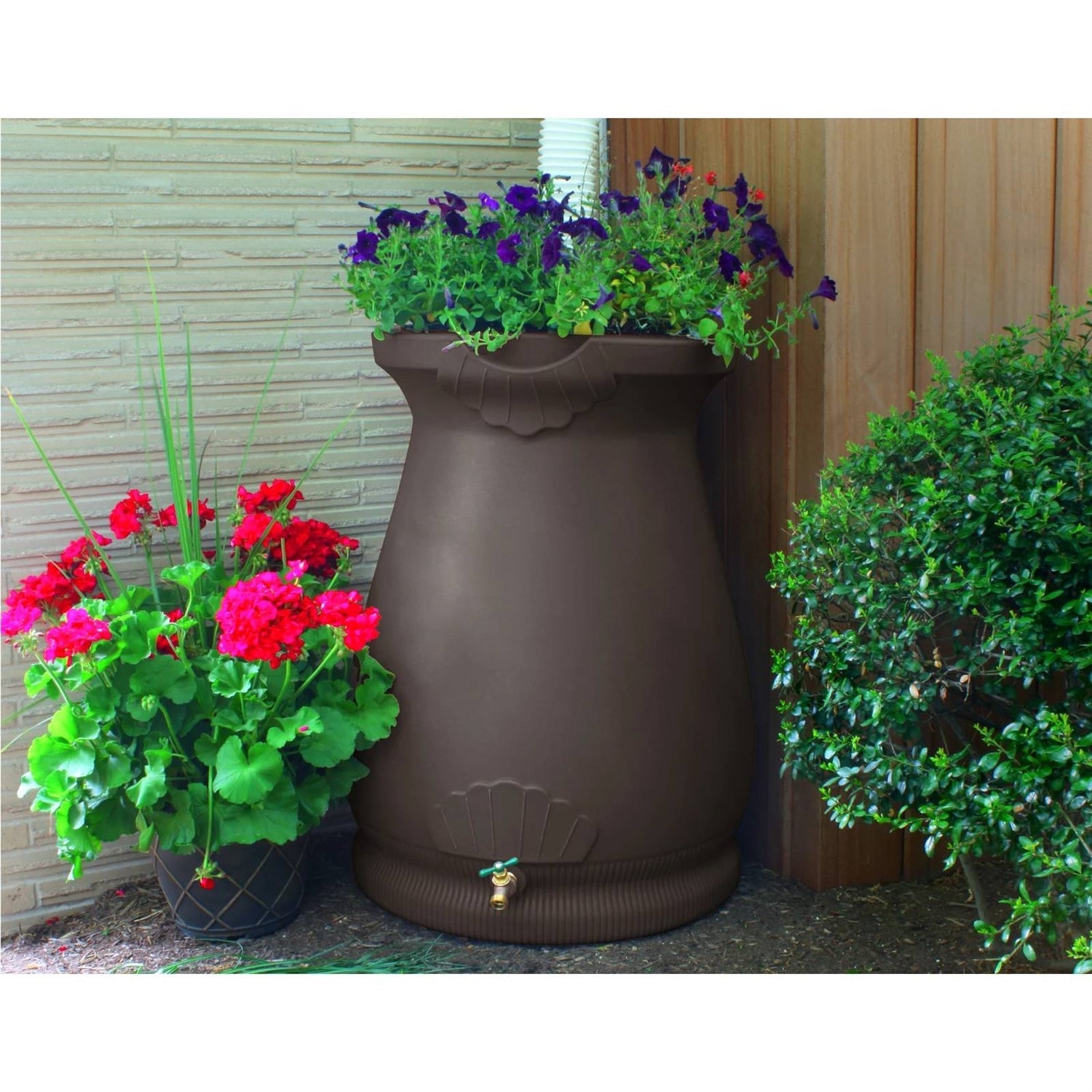 Brown Oak 65 Gallon Plastic Urn Rain Barrel with Planter Top - Tampa Home & Garden Store