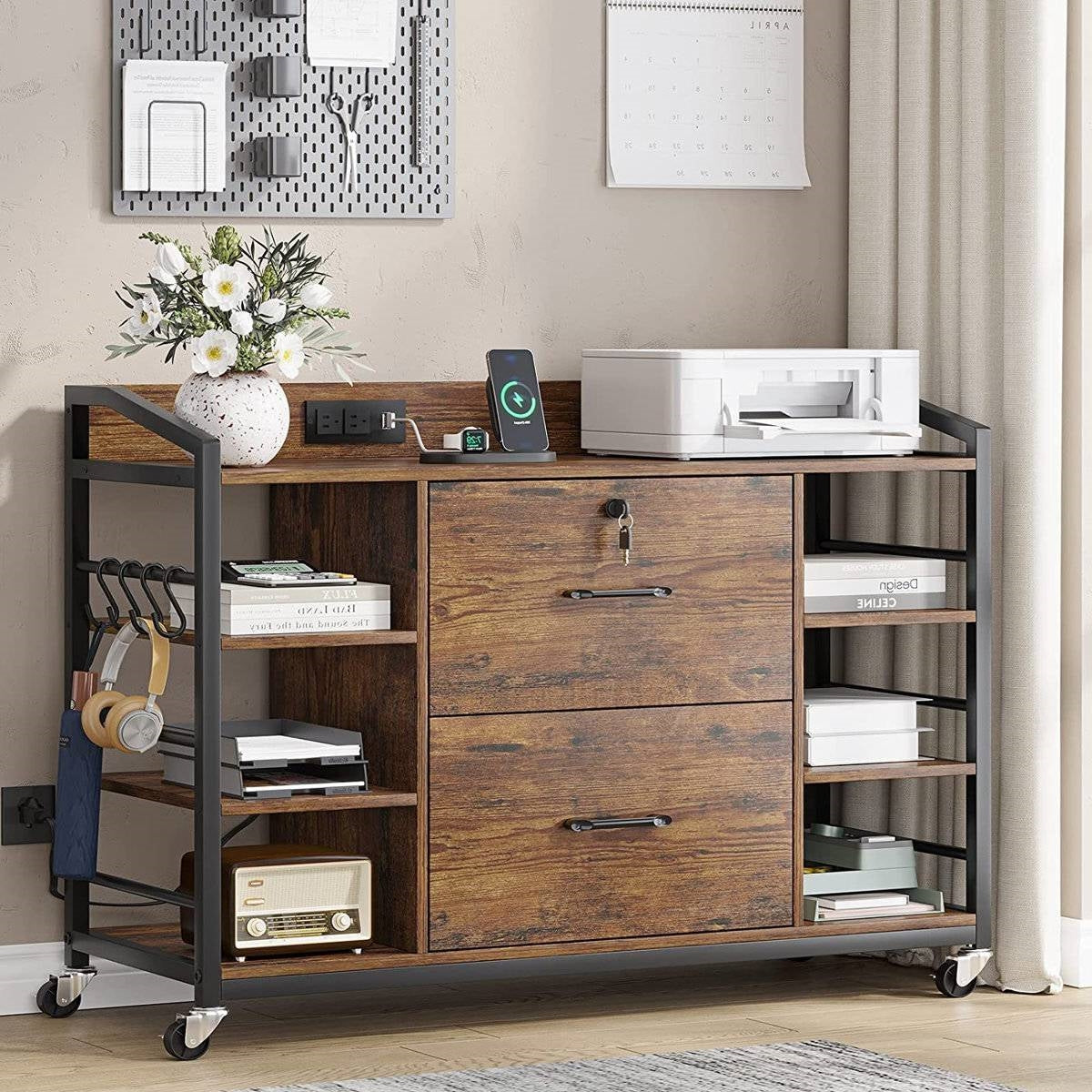 Brown Printer Stand Bookcase Power Station Mobile Office File Cabinet - Tampa Home & Garden Store